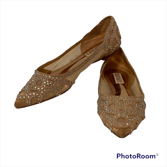BADGLEY MISCHKA JEWEL SHOES CREAM SATIN MESH FLATS CRYSTALS POINTED TOE SIZE 5.5